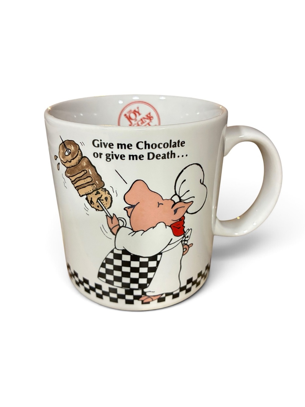 VTG 1986 The Joy of Pigging Out Mug Give Me Chocolate Or Give Me Death Chef Pig